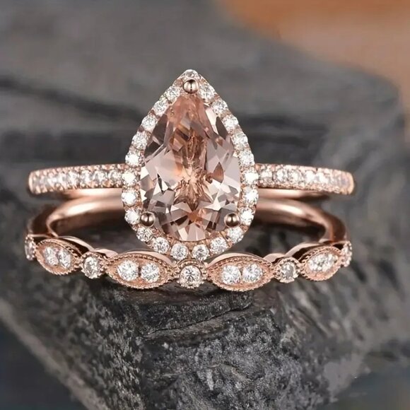 Pear Water Drop Shaped Engagement Ring Set Morganite Bridal Set Rose Gold Halo - Picture 1 of 4